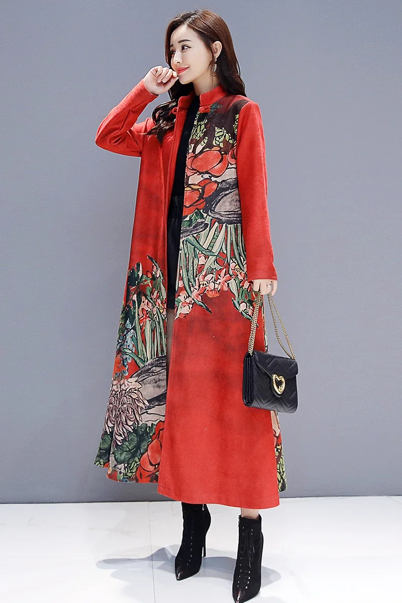 2023 Fall Spring  Women Red Grey Floral Print Long Suede Trench Coats , Womens Clothes Mandarin Collar Flower  Loose Coats