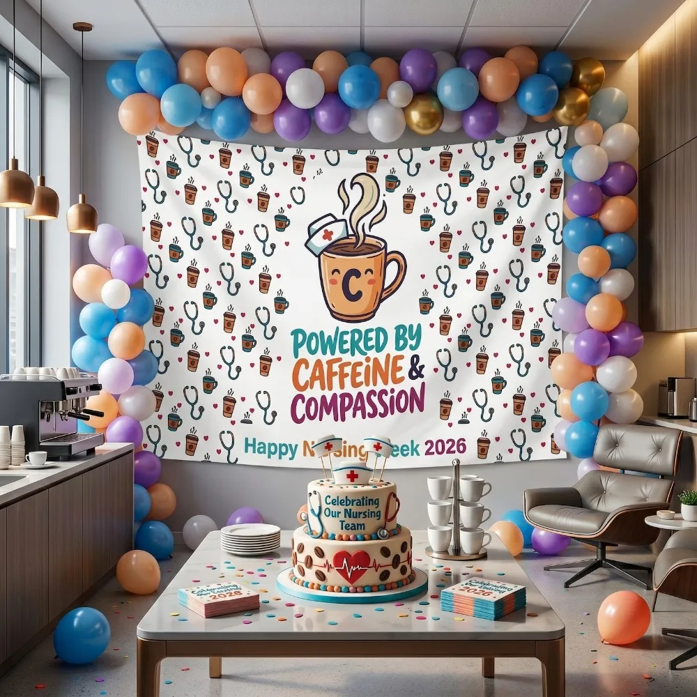 Joyeuse Semaine des Infirmières 2026 – Tapisserie « Alimentée par la caféine et la compassion » – Décoration murale amusante pour la reconnaissance des infirmières