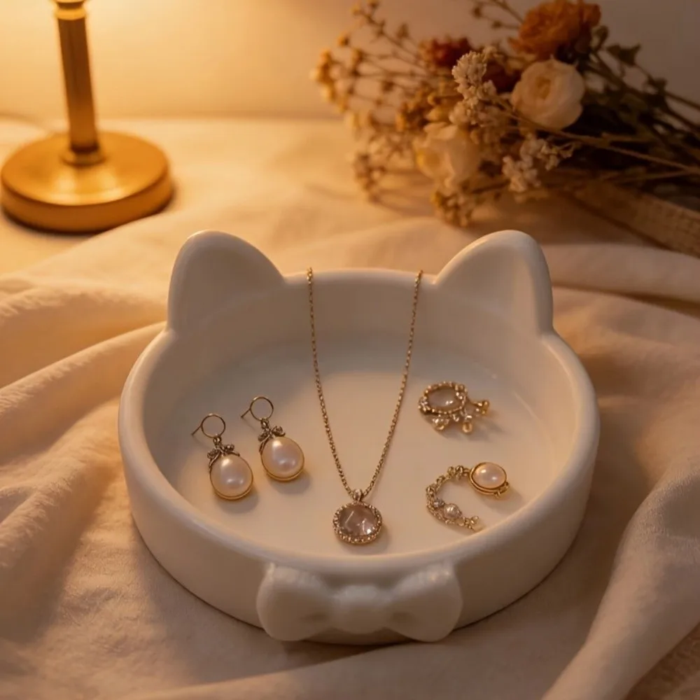 3D Printed Bow Jewelry Plate Cute Non-Slip Cat Ear Storage Trays Ornaments Paw Print-Like Base Jewelry Holder Themed Parties