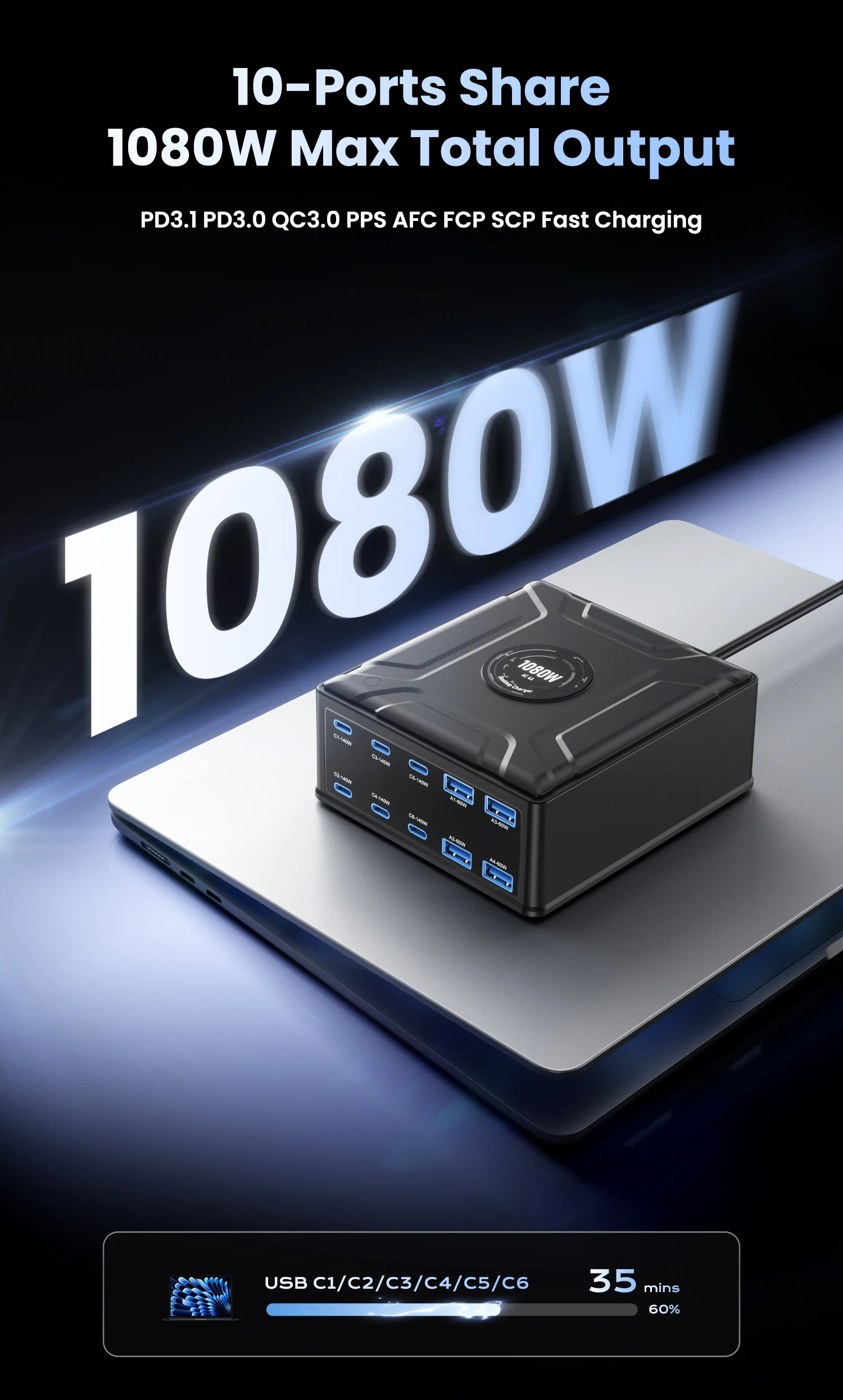 10-Port-GaN-USB-Typ-C-Ladegerät 140W PD3.1 PPS QC4.0 100W Multiport-Schnellladestation für iPhone 17 Samsung Laptop Macbook – Detail 3