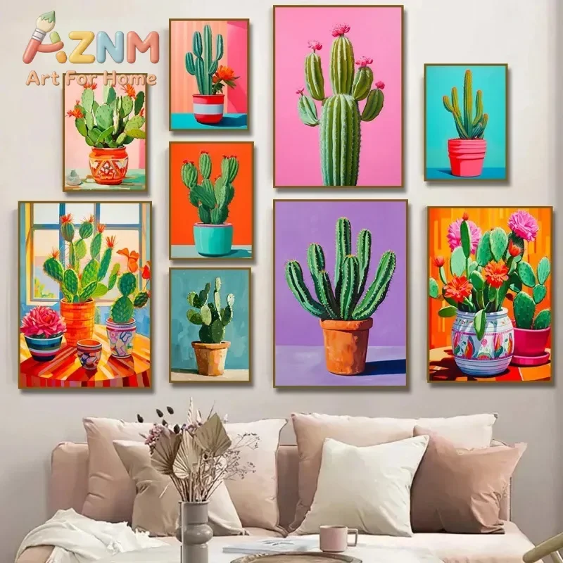 1pc frameless  Abstract Colorful Cactus Flower Vase Still Life Canvas Modern Poster Print Wall Art Botanical Home Decor