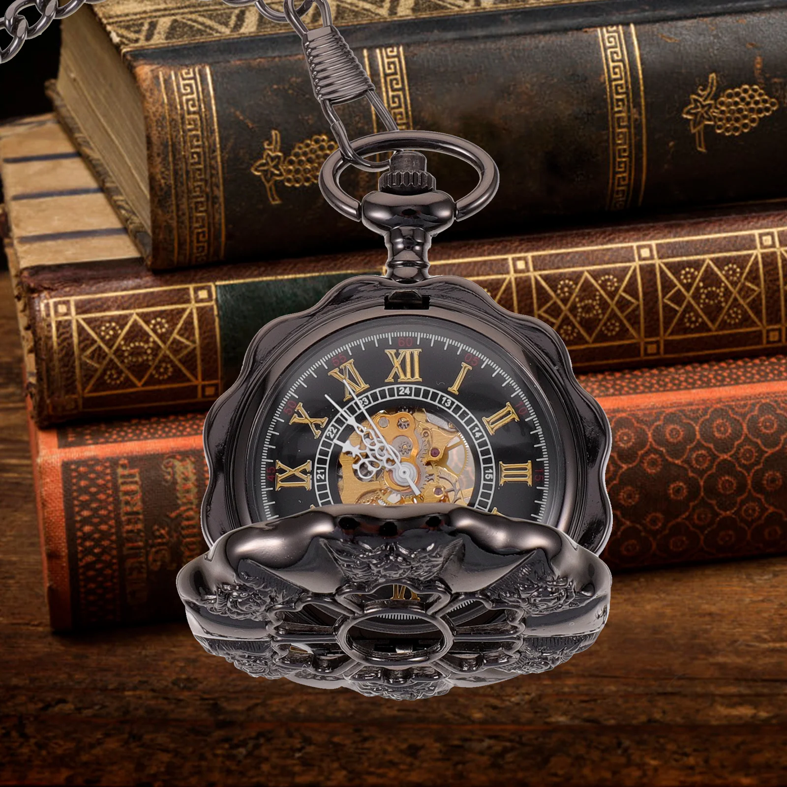 خمر الجوف خارج صدفي اليقطين شكل الميكانيكية ساعة الجيب الذهب لهجة الرجعية ساعة للرجال الرومانية