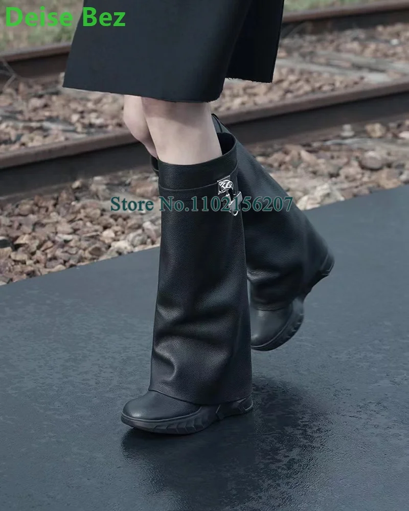 Black Lock Wedge Heel Long Boots For Female Women Luxury Designer Round Toe 2024 New Genuine Leather Solid Fashion Runway Shoes