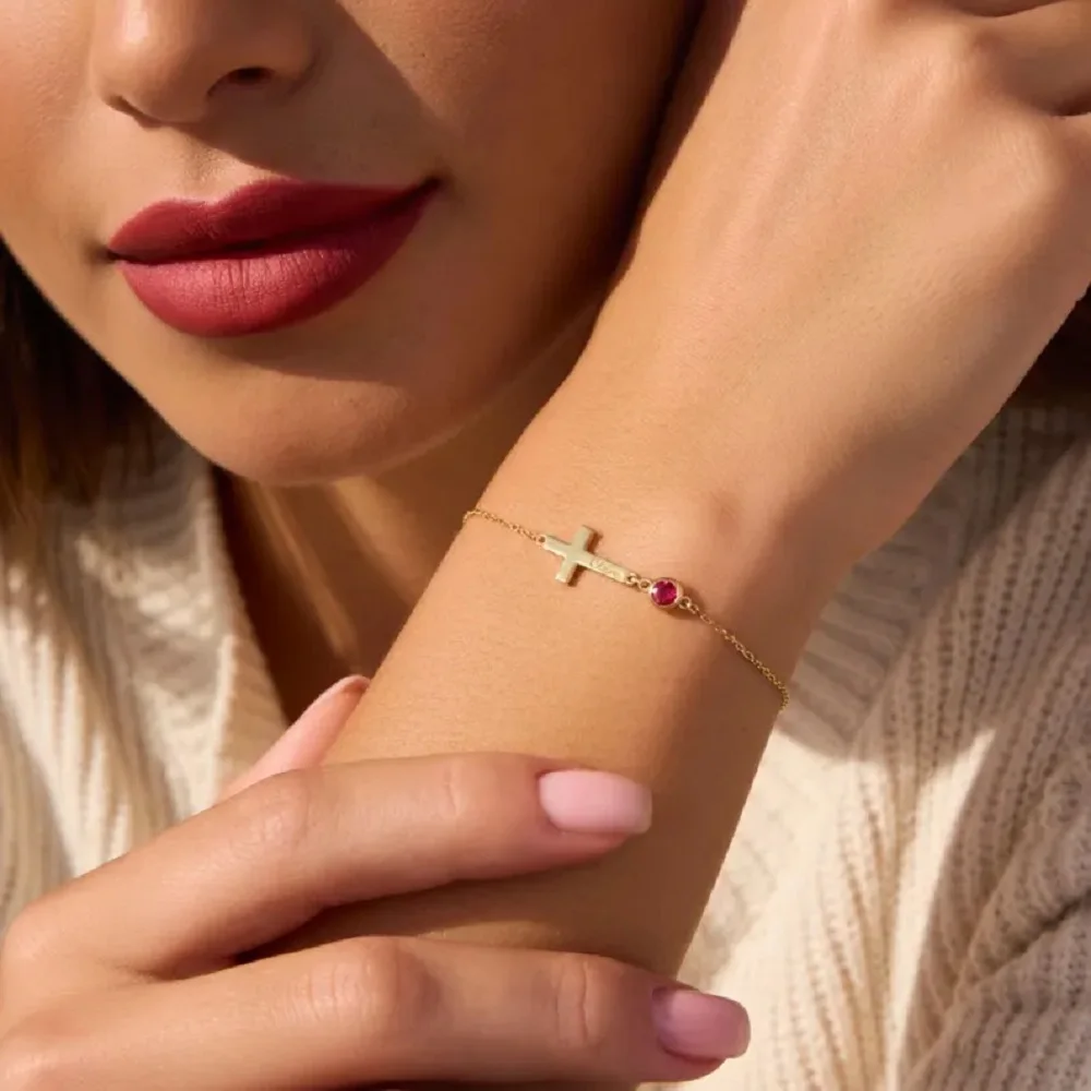 Sipuris Personalisiertes Namensarmband aus Edelstahl mit Kreuzanhänger, personalisiertes Geburtsstein-Namensschild-Armband, Modeschmuck, Hochzeitsgeschenke – Detail 8