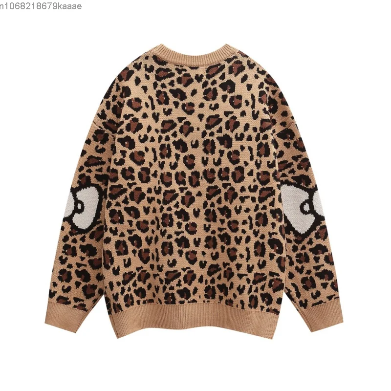 Hello Kitty Leopard Print Round Neck Loose Casual Knitted Sweater Women Autumn Winter Warm Knitted Top Academy Sweet Pullovers