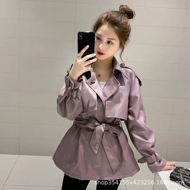 

Leather Jacket for Women 2025 Spring and Autumn New Style Mid To Long Lace Up Leather Coat Motorcycle Windbreaker