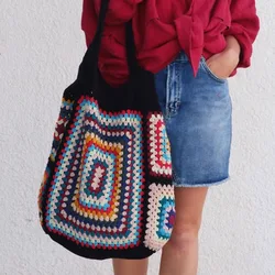 Colorful Big Shoulder Bags For Women Granny Square Crochet Black Navy Apricot Boho Handbags Cute Woven Purse For Summer Beach