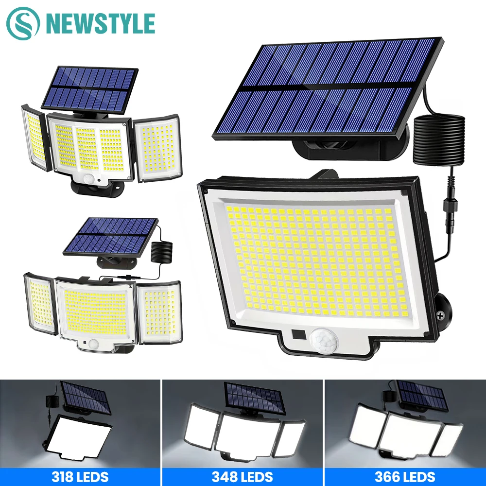 Luces solares LED 318/348/366 para exteriores, luces solares con sensor de movimiento, 3 modos, luces de seguridad para exteriores, para iluminación de patio y jardín.