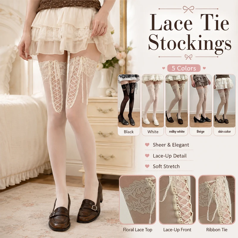Vintage Doll Ballet Style Lace Tie Stockings Princess Dress Lolita Retro French Over The Knee Socks Daily Sweet Skirt Stockings