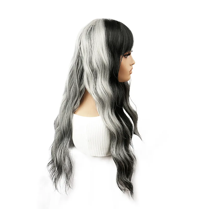 26inch black and white gray splicing with bangs wig female chemical fiber full head set cosplay long French curls