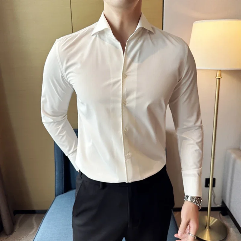 British Style V-neck Shirt for Men Temperament Long Sleeved Casual Business Dress Shirt Slim Fit Office Social Camisa Masculina