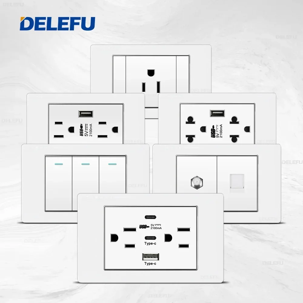 DELEFU Mexico Standard Flame retardant White PC Silver Side Panel Type C American socket 118*72mm wall socket switch