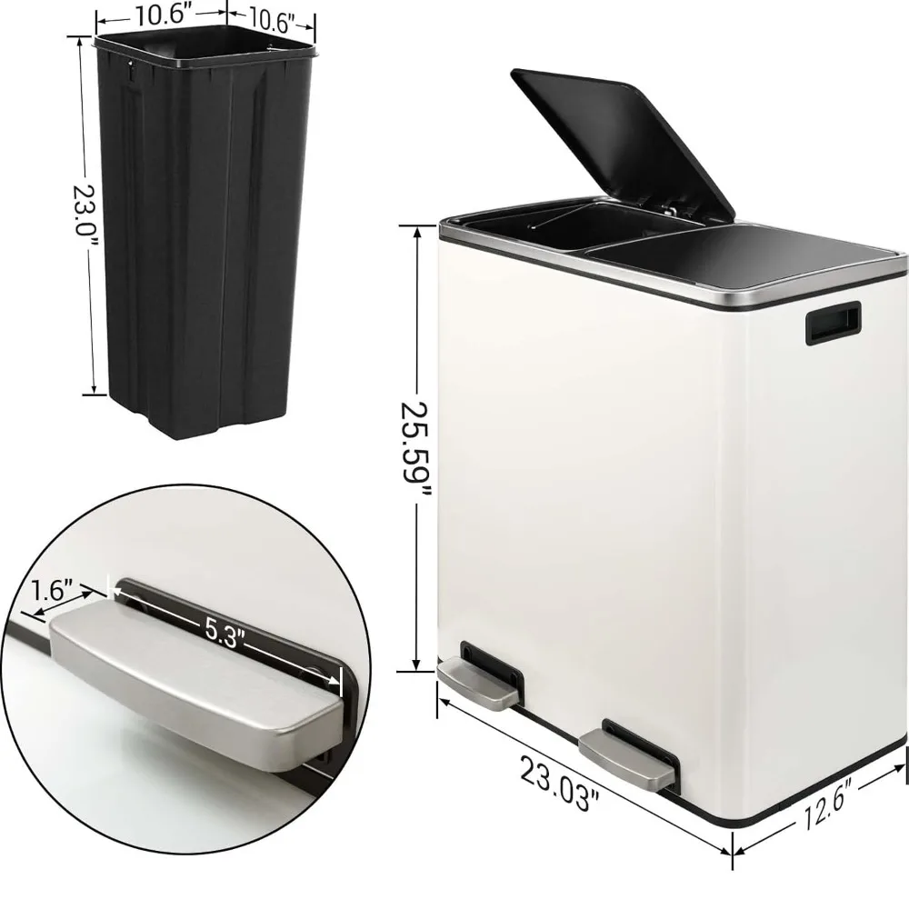 AthLike 60L(16 Gal) Dual Trash Can, Stainless Steel Kitchen Garbage Can, Double Compartment Classified Rubbish Bin