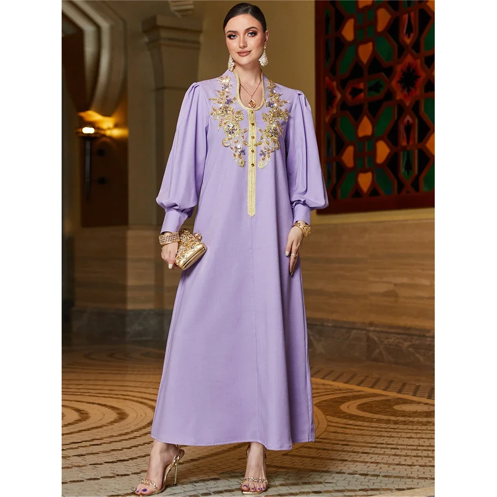 Eid Moroccan Embroidered Kaftan Women Handsewn Rhinestone Evening Party Long Dress Muslim Dubai Gulf Jalabiya Abaya Vestidos