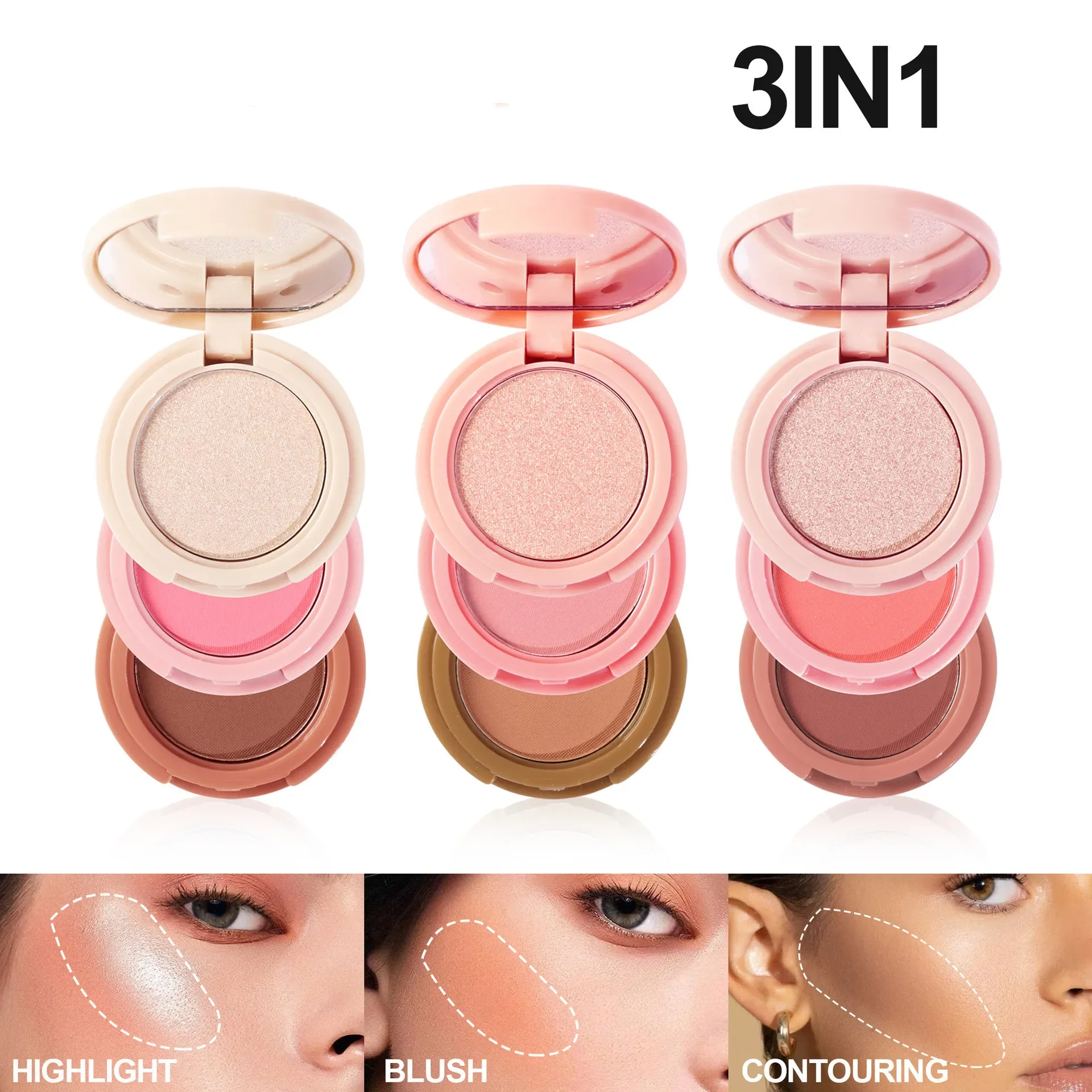 Coreano 3 In 1 Matte Highlighter Blush Palette Pearly Blush Shiny Eyeshadow multifunzionale Face Makeup Palette Cosmetics