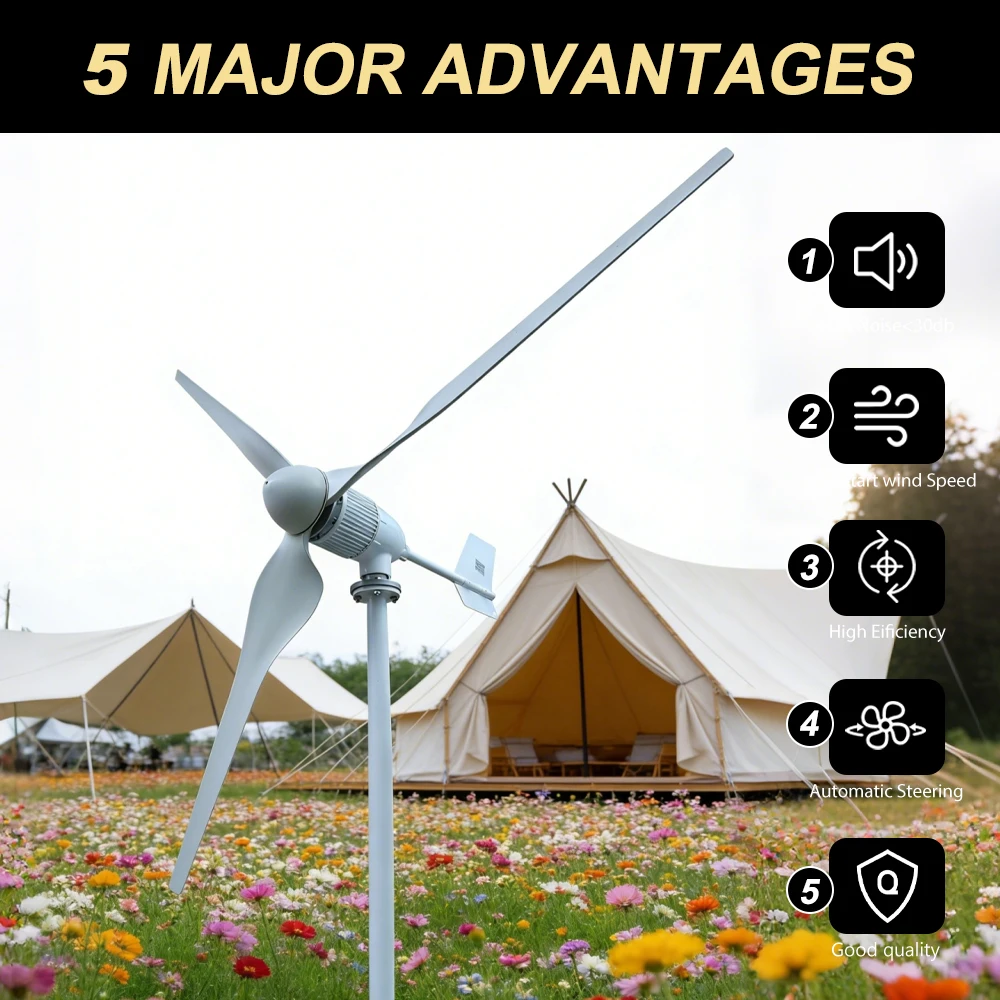 5000W 5KW Horizontal Axis Wind Turbine 24V 48V 96V Wind Generator CE Certified Free Energy Low Speed Start Off Grid for Home Use