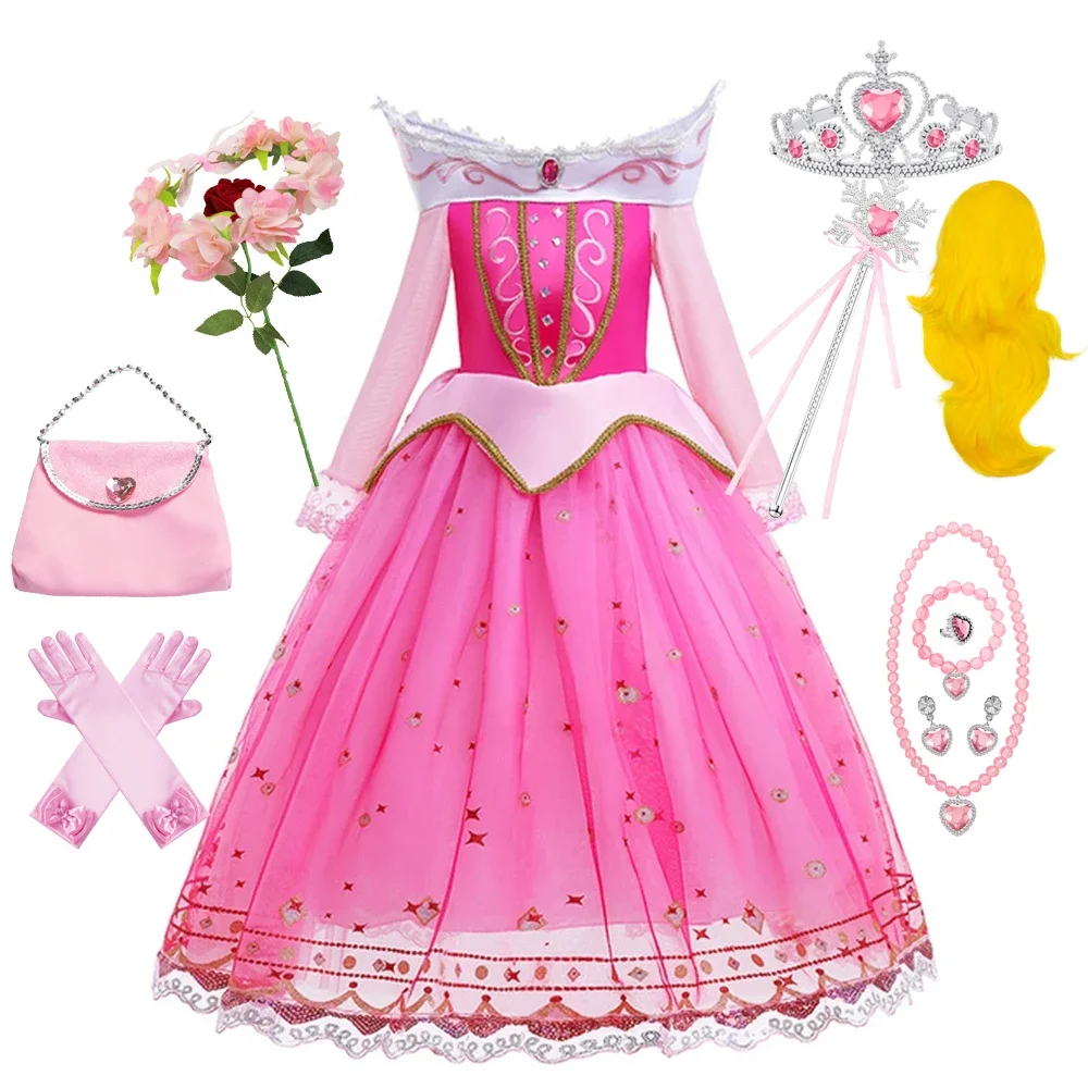 فستان أورورا للفتيات بأكمام طويلة، زي جميل للنوم بدون أكتاف للأطفال، ملابس أميرات لحفلات عيد الميلاد الفاخرة