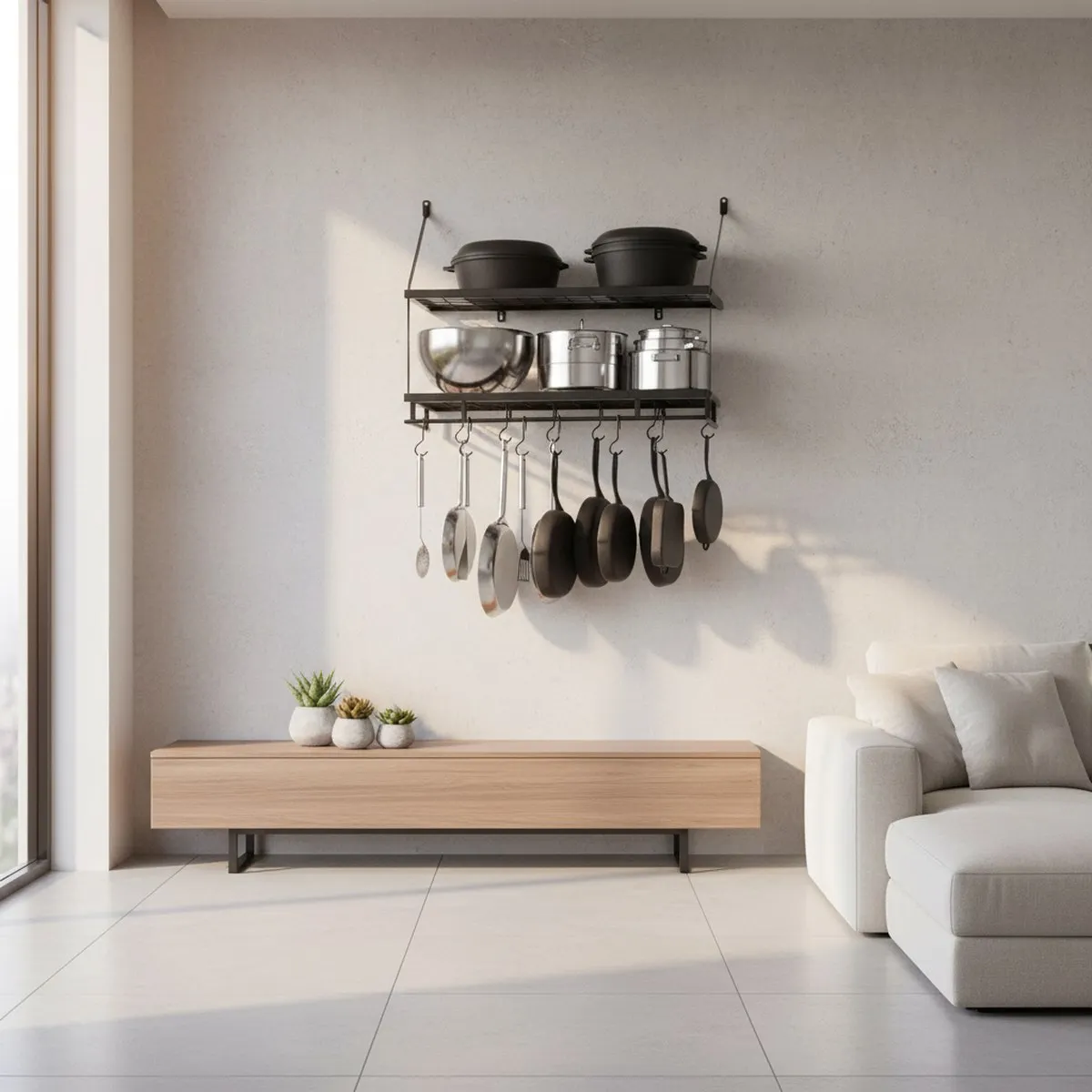 2 Tier Kitchen Pot Rack Matte Black Wall Shelf with Hooks for Pots Pans Storage Organizer