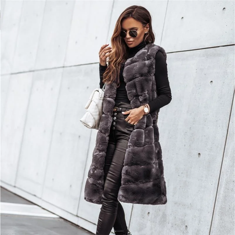 

Long Fur Vest round Ne Coat for Women Autumn Winter Season Faion Outerwear Ele Simple Design Pure Color Tee-acetate...