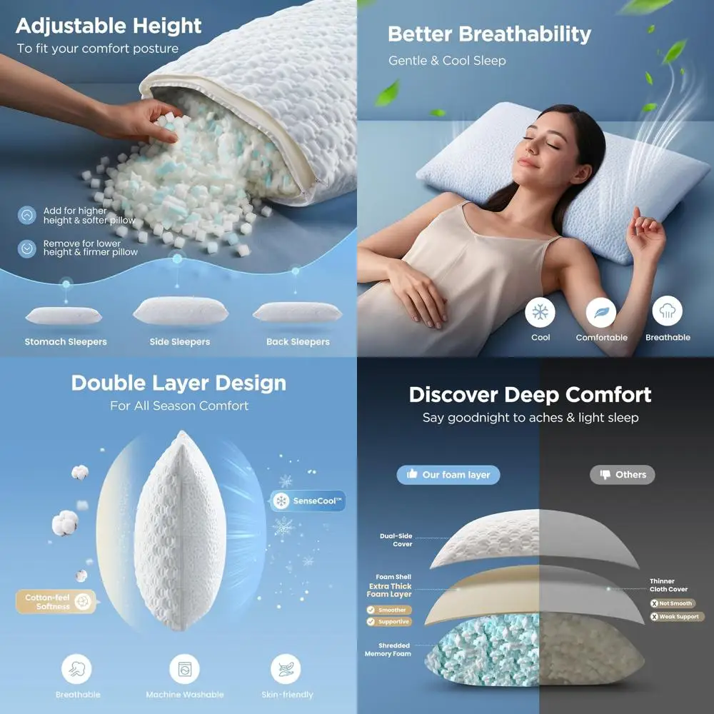 

Охлаждающие подушки из пены с эффектом памяти King Size — набор из 2 шт. для сна сбоку, спины, живота с регулируемой измельченной пеной