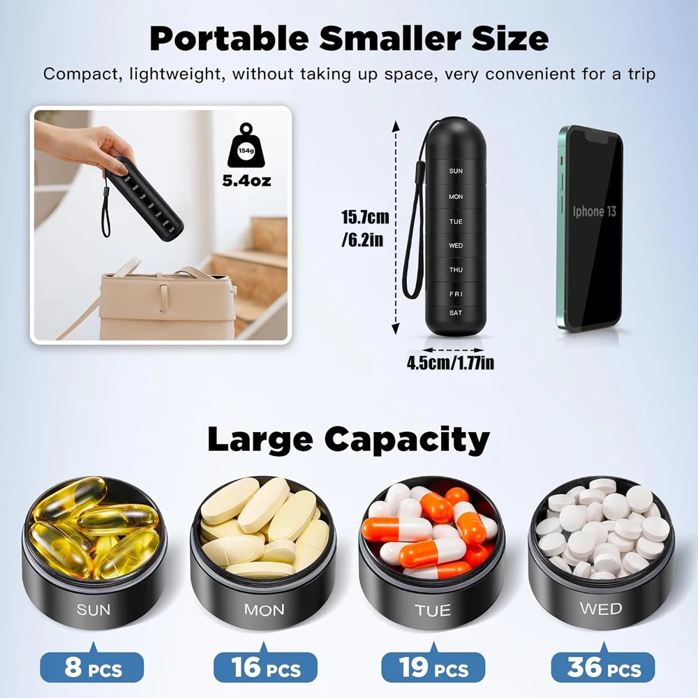 Weekly Pill Organizer, Large Aluminum Alloy BPA Free Travel Hiking 7 Day Pill Box Stackable Compartment To Hold Pills,Fish Oil