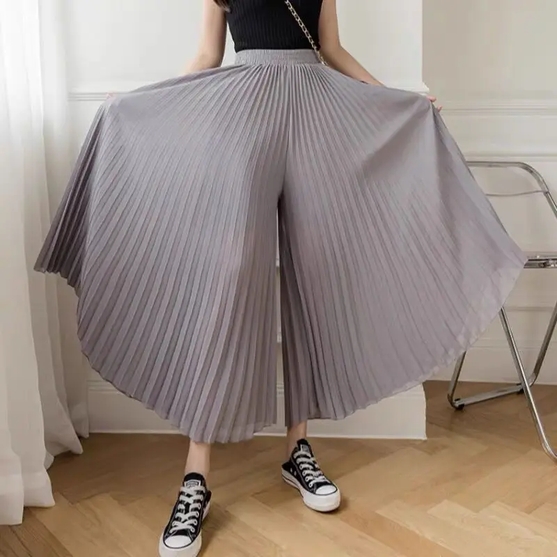 Purple Gray Blue Chiffon Pleated Skirts Pants Women Summer Chic Streetwear Lady Elegant Office Business Work Wear Long Trousers