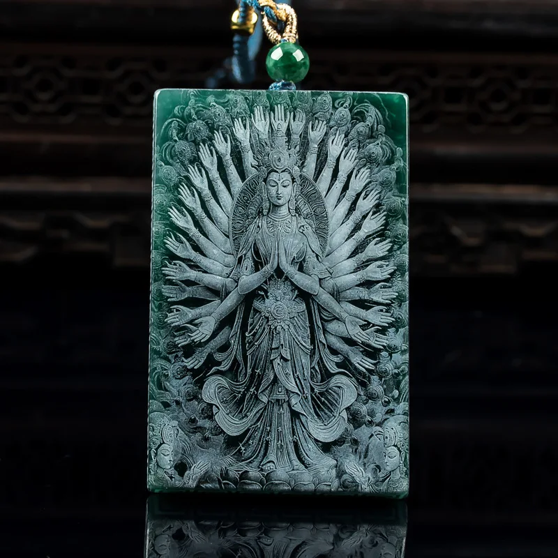 

Natural A-grade Jade Thousand Hand Guanyin Brand Blue Water Material Double sided Precision Shadow Carving High Ice Jade Pendant