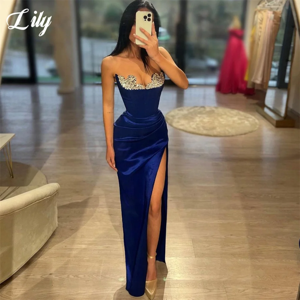 

Lily Navy Blue Sexy Prom Dresses Sweetheart Sleeveless Evening Gown with Sequins Satin Side High Split robes du soir Customized