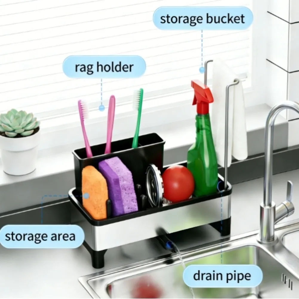 

Настольная подставка для хранения, экономящая место, из нержавеющей стали, органайзер для кухонной раковины, эффективная дренажная система, многофункциональный инструмент для хранения