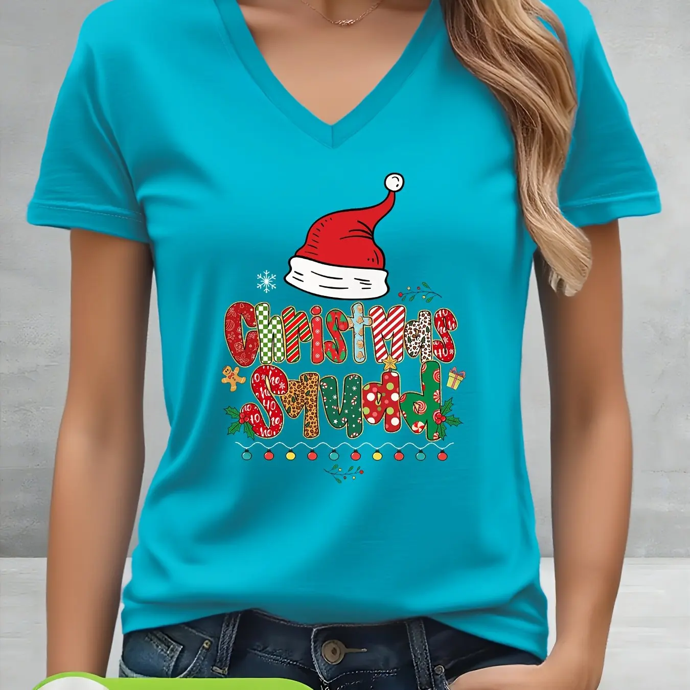 

New Cartoon Christmas Elements Print Women's T-Shirt Casual V-neck Short Sleeve Top Outdoor X'mas Carnival Party Female Clothing