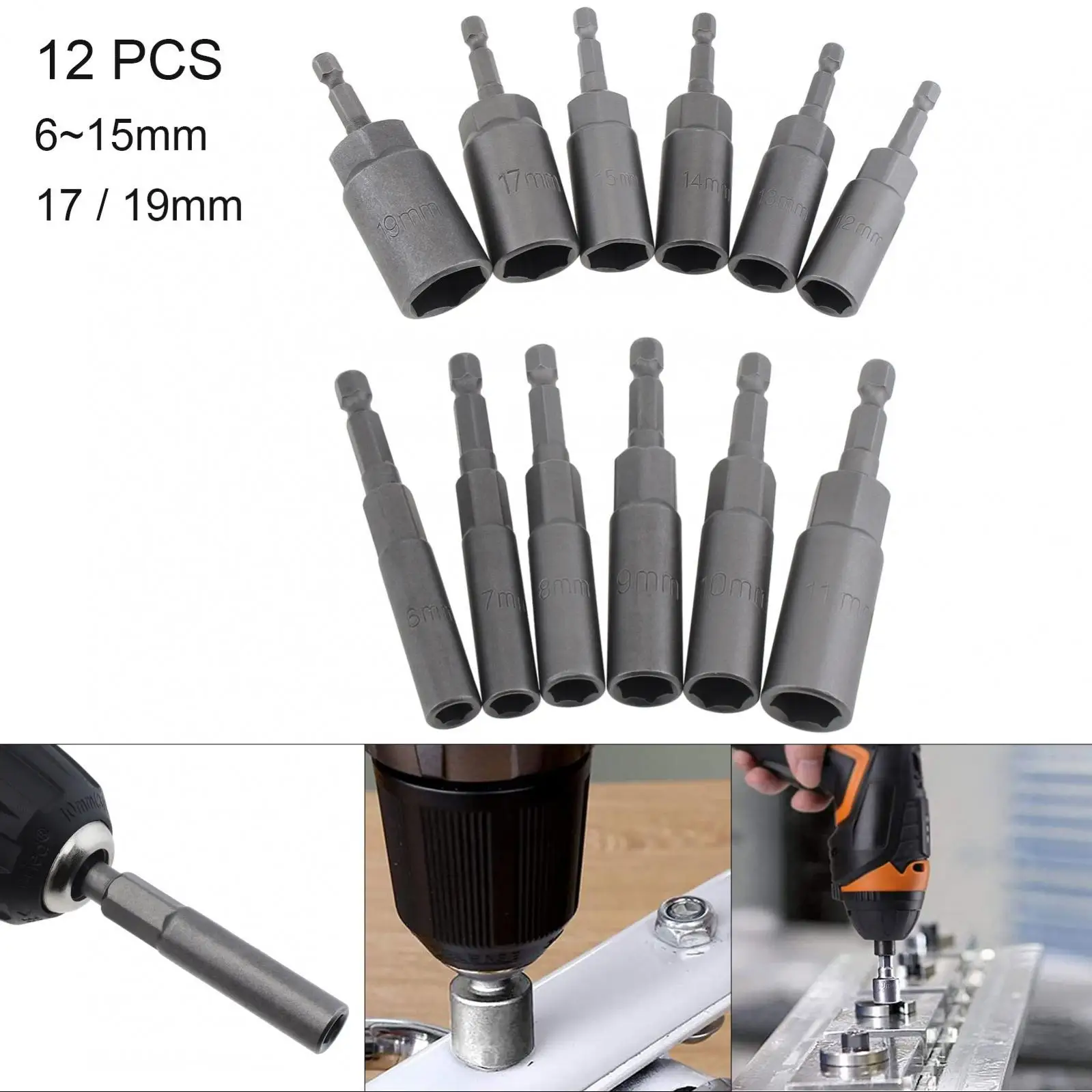 

12pcs/set Deeper Magnetic Hexagon Sockets 6-19mm 1/4Inch Hex Shank Nut Setter Driver Drill Bits Set, Hex Shank Bolt Remover Tool