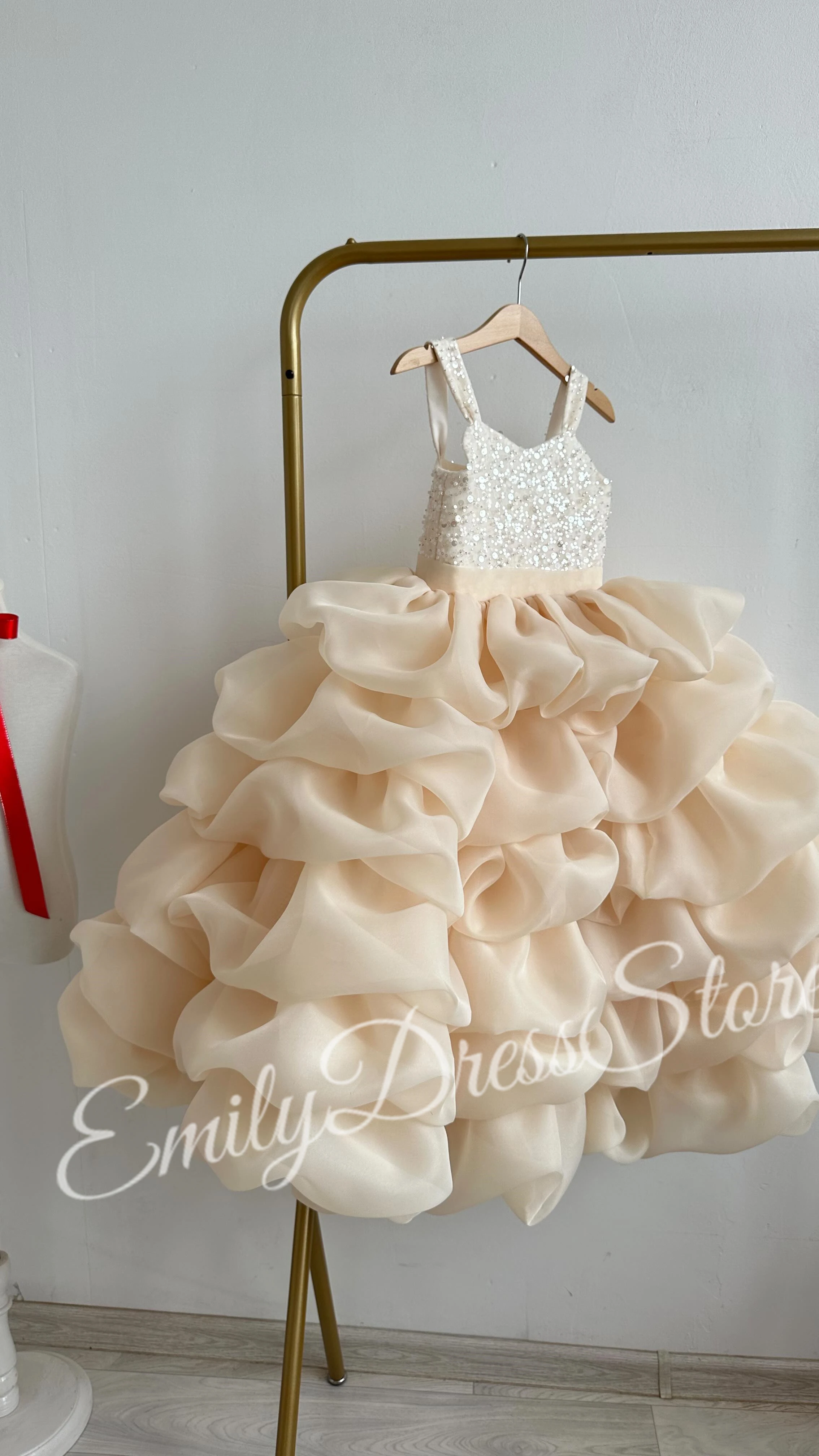 Customized Pink Tulle Flower Girl Dress For Wedding Layered  Puffy Sequins Kids Birthday First Communion Party Ball Gowns