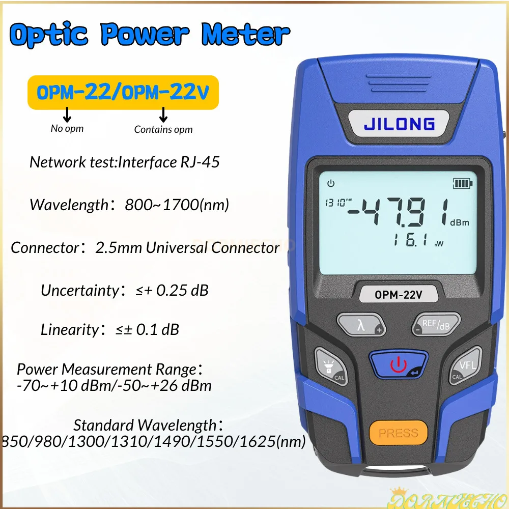 

Jilong New OPM-22/22V Fiber Optic Power Meter Mini Opm Build-in LED with 7 Wavelengths Power Meter， -70~+6dbm with 10mw VFL