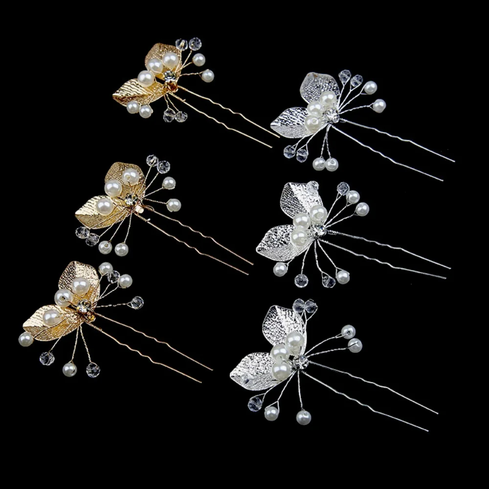 6-Piece Set Pearl Crystal Leaf Hairpins, Forest Fairy Style, Suitable for Bridal Look / Daily Updos / Party Wear