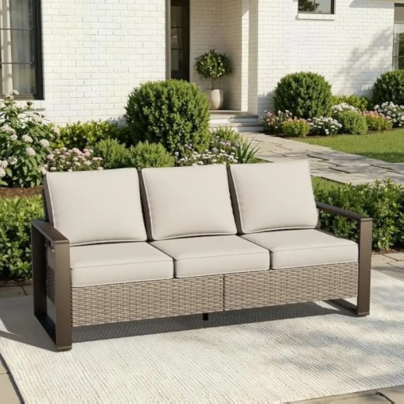 Outdoor wicker sofa with wood-effect armrests steel frame 750 lb capacity 3-person seating weather-resistant olefin cushions cur
