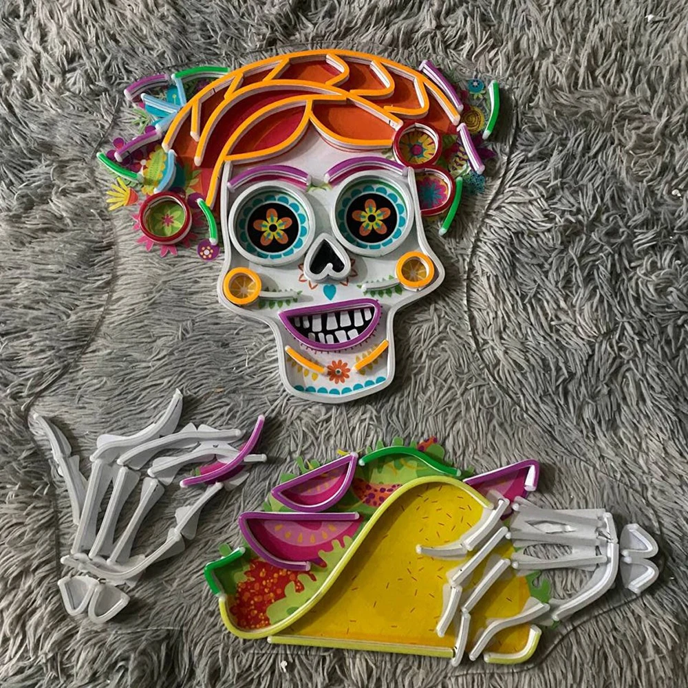 Taco Sugar Skull Mexican Neon Sign Tacos Party Bar Wall Decor Led Neon Light for Restaurant Mexican Tacos Shop Custom Neon Signs