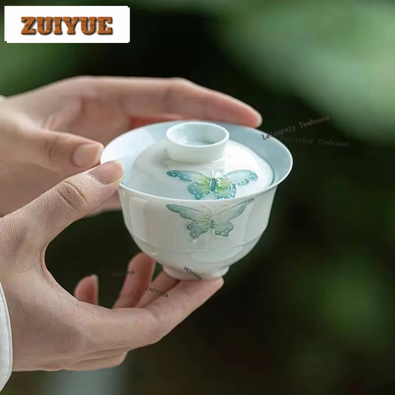 130ML Handmade Thin Body Porcelain Gaiwan Hand-painted Butterfly Tea Tureen Making Cover Bowl Chinese Kung Fu Set Craft Supplies