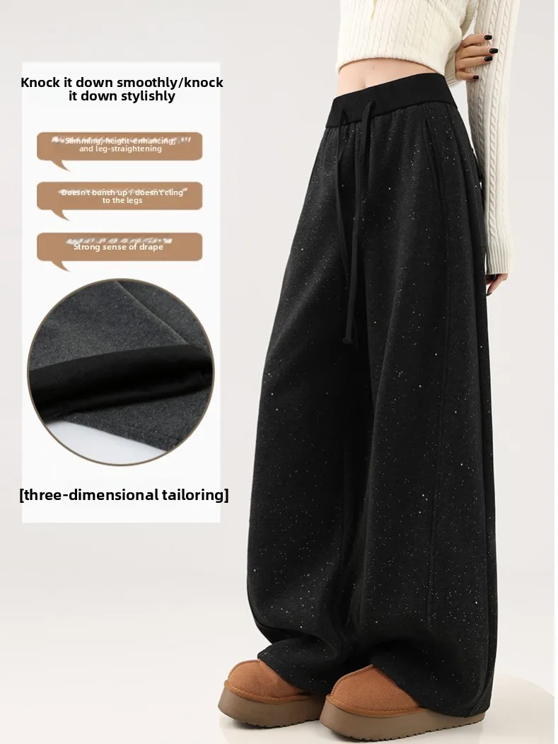 Ay iny lantejoulas fce forrado camere calças de perna larga mulheres inverno thi cintura alta drape solto casual faca calças