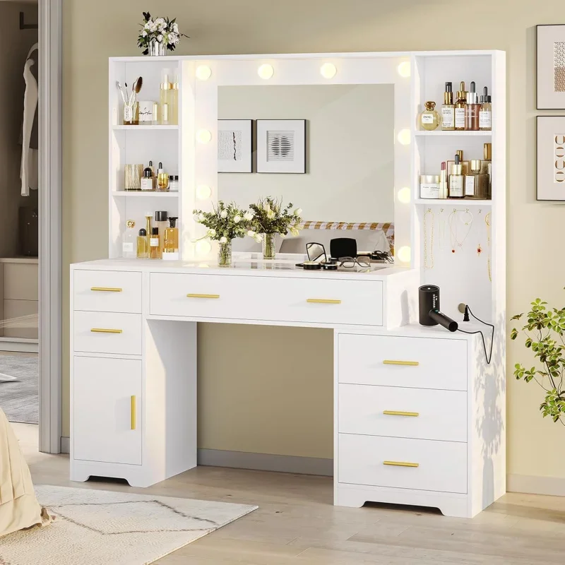 Hait 48.8'' Large Desk Lighted Mirror & Power Outlet,White Makeup Vanity Table with 6 Drawers,4 Shelves and 1