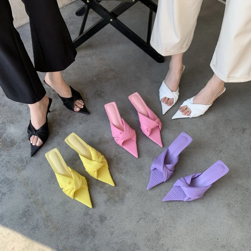 

Туфли на высоком каблуке на тонком каблуке, женские низкие тапочки ярких цветов, женские летние шлепанцы, пантофли с острым носком, мода 2021, роскошные римские шлепанцы