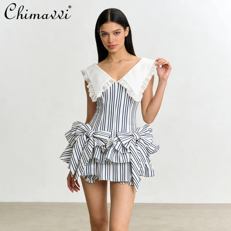 

Korean Elegant Sweet Celebrity Splicing V-Neck Sleeveless High Waist Slim Fit Bow Splicing Party Mini Dress Women 2026 Summer