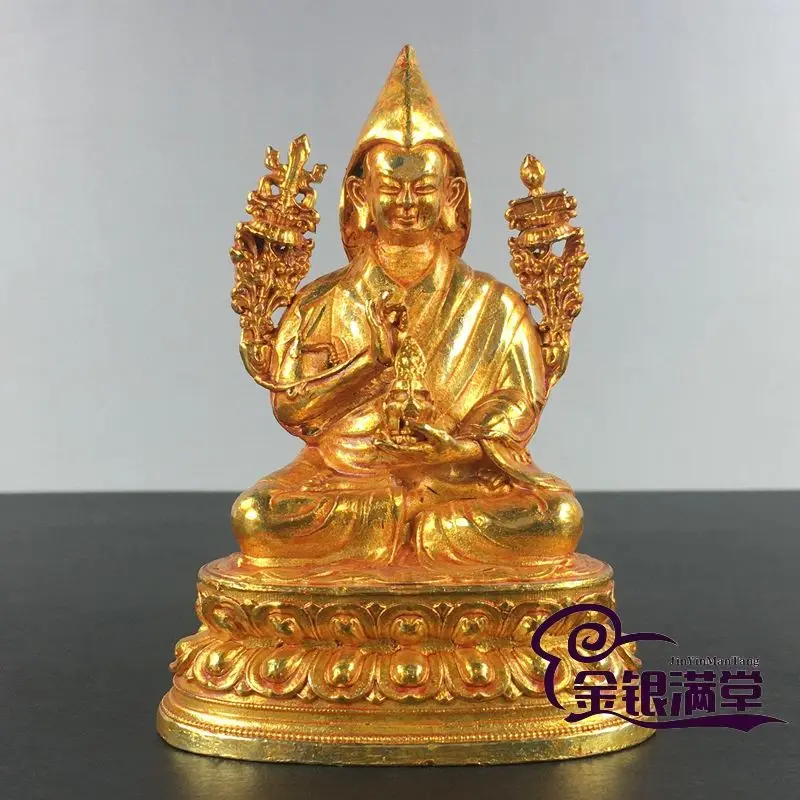 Gilt Tibetan gelugpa guru seated buddha Ornament Decoration Tea Pet Figurines Desk Decor Accessories