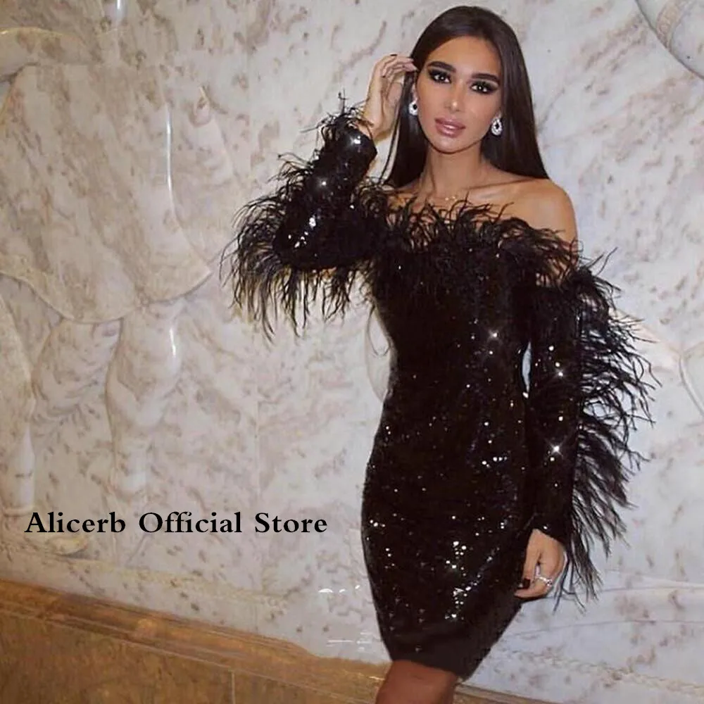 

Sequined Short Cocktail Dresses Prom Feather Long Sleeves 2024 Off Shoulder Sheath Little Black Dress Party Club Robes De Soirée