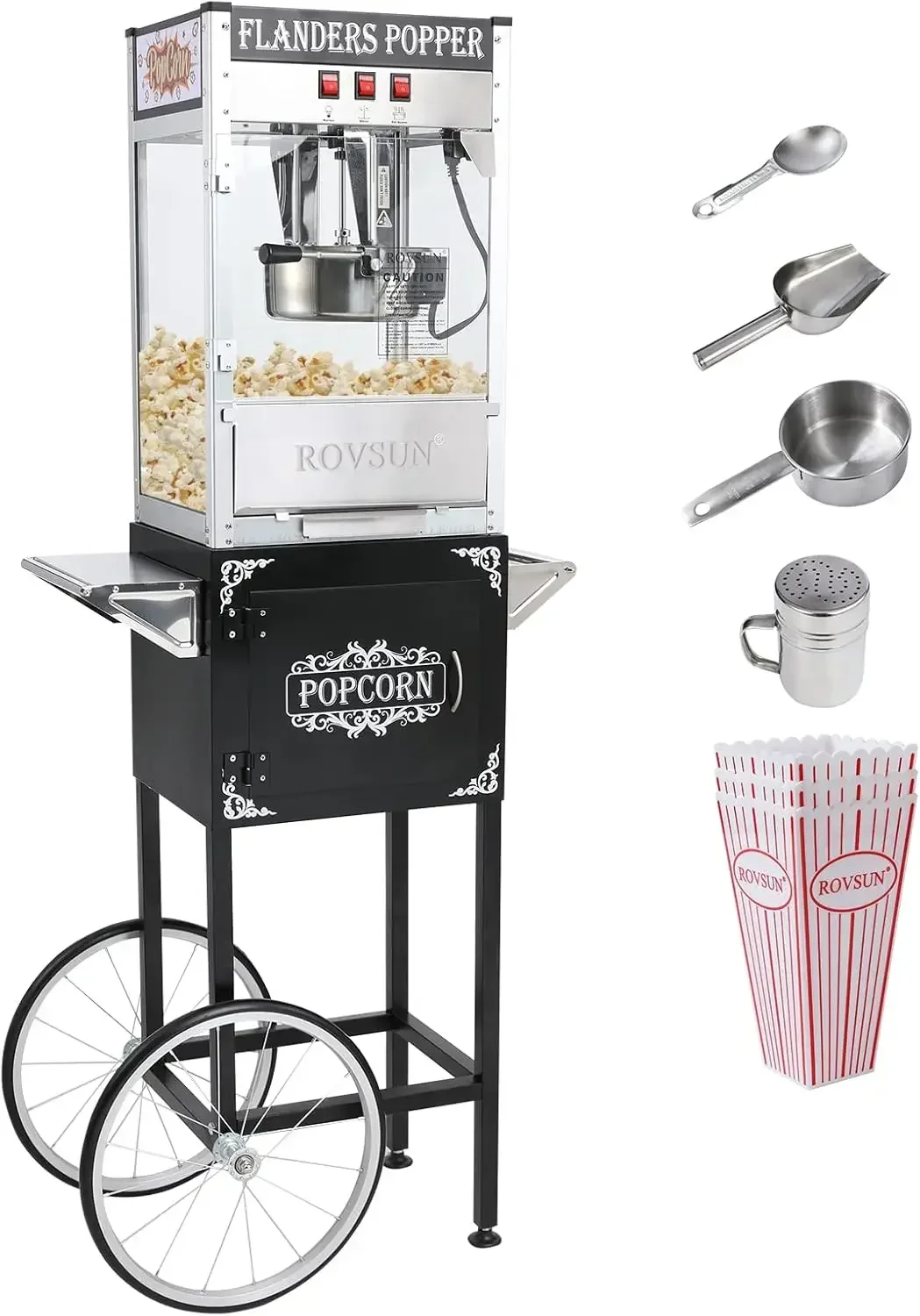 ROVSUN Popcornmachine Bioscoopstijl met kar en wielen, 8-ounce waterkoker maakt tot 32 kopjes Popcornmaker met