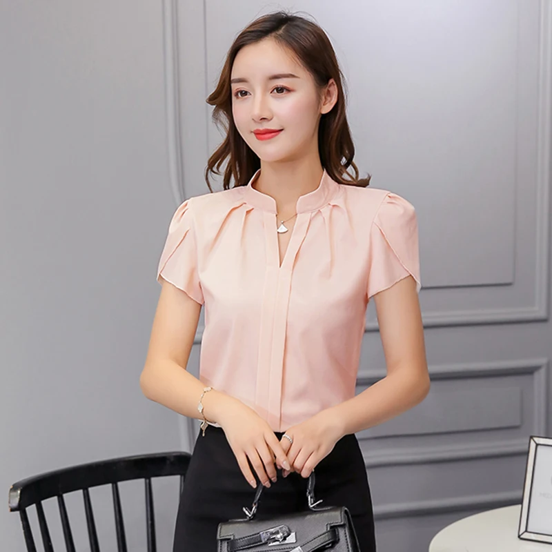 Women Chiffon Shirt Korean Elegant Slim Folds Short Sleeve Women Blouse New Casual Office Stand Collar All Match Ladies Tops