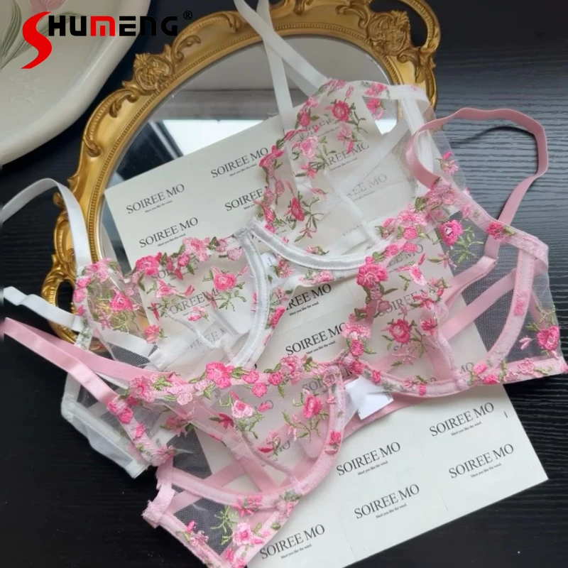 

Pink Floral Embroidery Brief Sets for Women Sexy Pure Desire Style Sweet Lingerie Female Print Underwear Intimates Suits