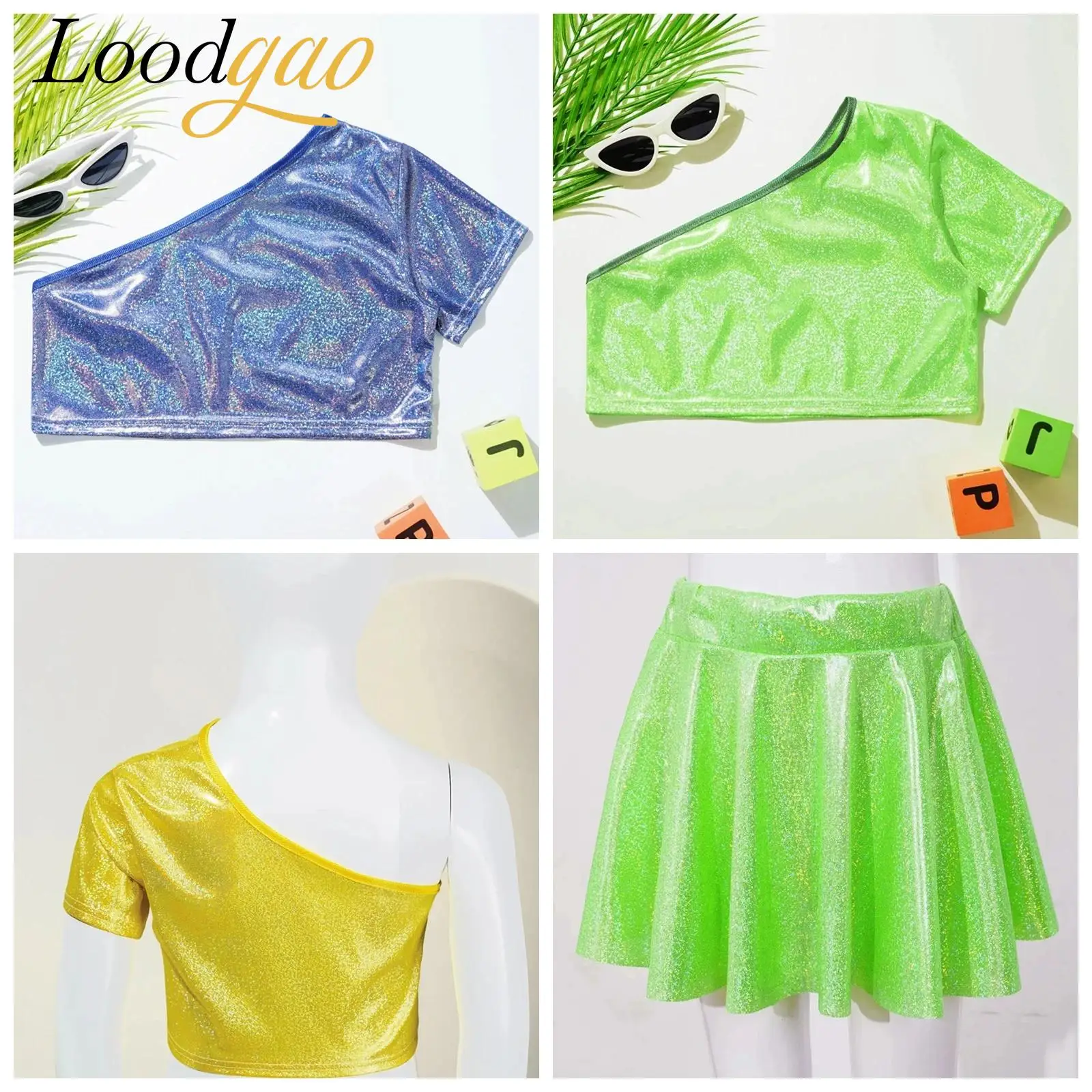 

Children Short Sleeve Hiphop Clothes Set Kids Girls Outfit Jazz Dance Costume Performance Cheerleading Metallic Crop Top Skirt