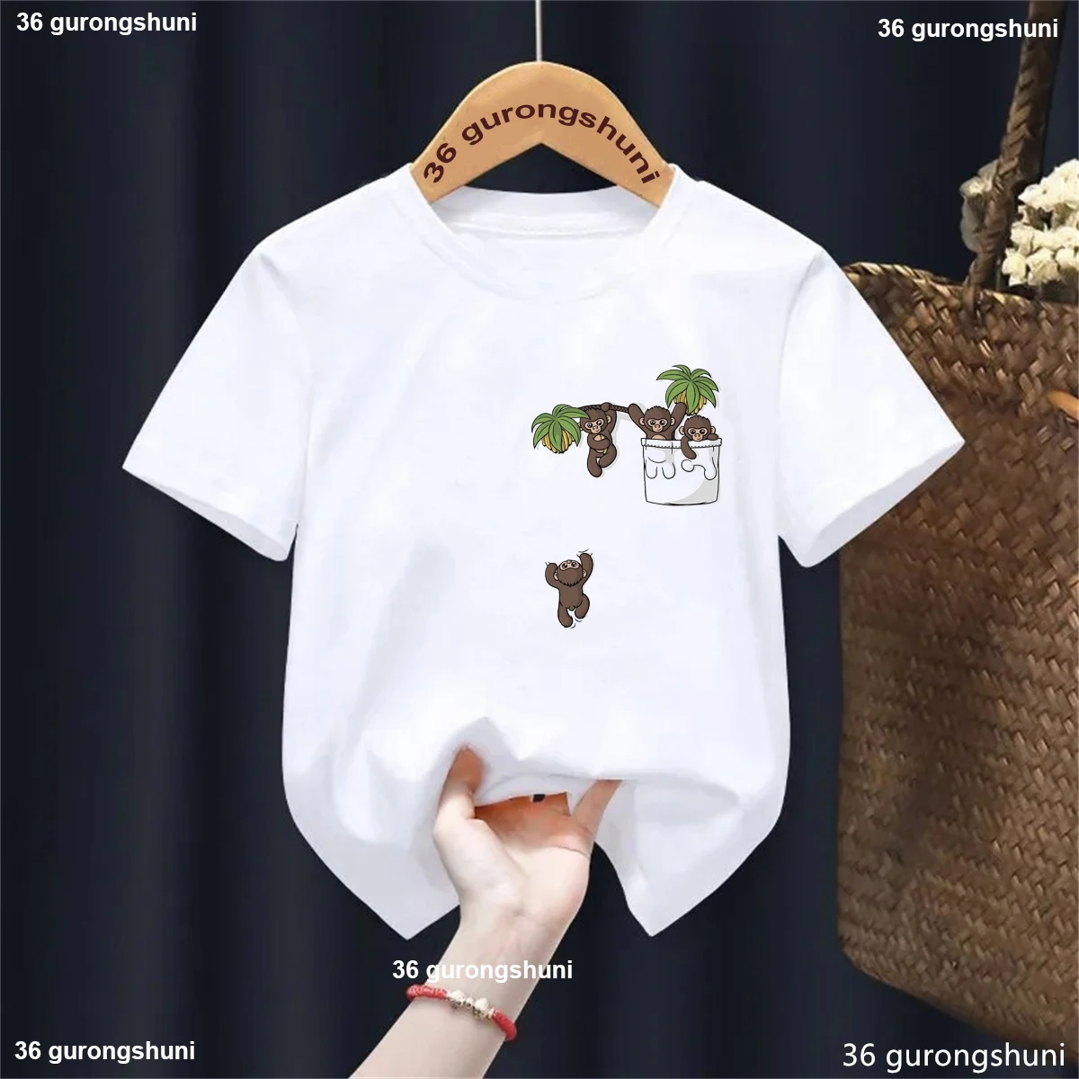 

Funny Monkey Pocket Printed Tshirt Girls/Boys Kawaii Kids Clothes Summer Fashion T-Shirt White/Red/Blue/Gray Tshirt Tops