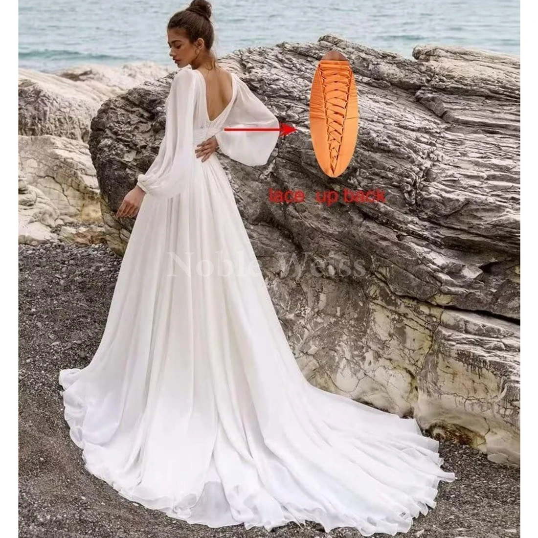 Preciosos vestidos de novia de gasa con cuello en V para novia, vestidos de boda de playa de encaje plisado de manga larga personalizados