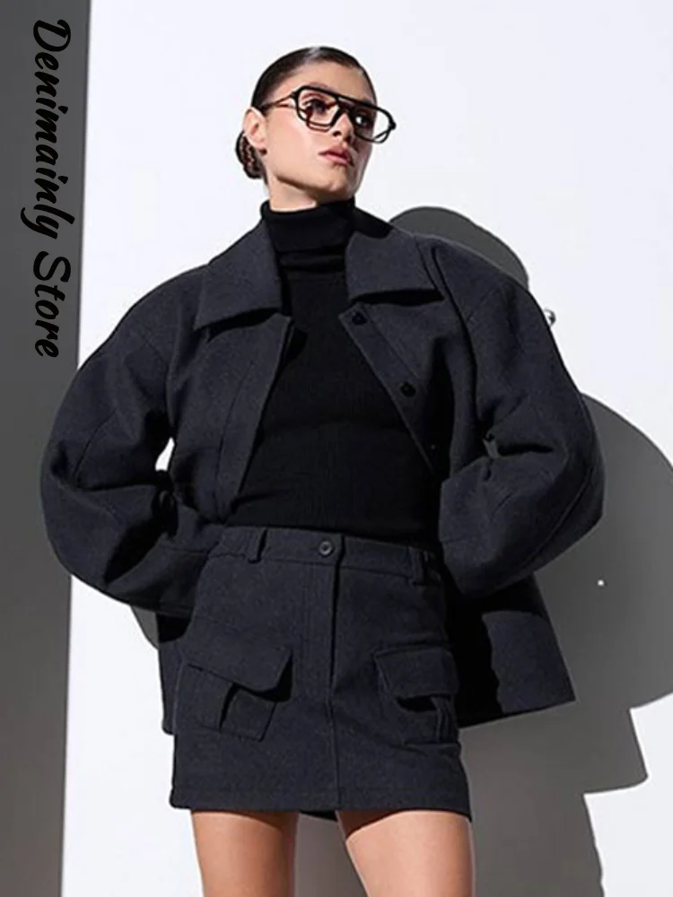 

Элегантный шерстяной комплект с курткой и юбкой, женский комплект с лацканами, однобортное пальто с талией, мини-юбки трапециевидной формы, 2026, весенний женский костюм, новинка